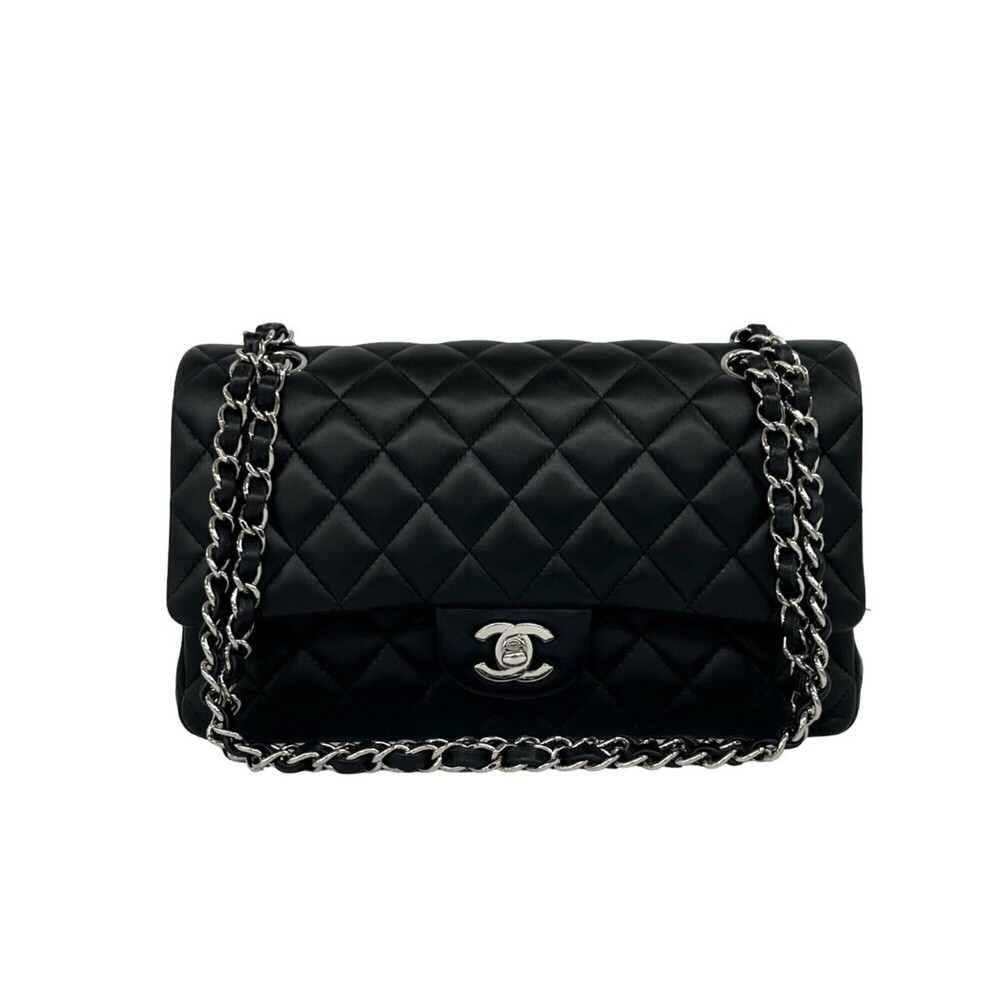 CHANEL Matelassé Double Flap Coco Mark Lambskin Chain Shoulder Bag Black 86287